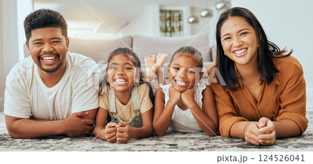 Happy family, relax and portrait on home carpet with young and cheerful filipino children. Daughter, mother and father smile on floor together with happy kids in Philippines family home. 124526041