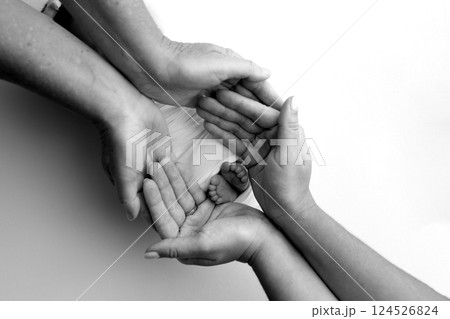 A father and mother hold the feet of a newborn child in a blanket. The feet of a newborn in the hands of parents. Black and white Photo of foot, heels and toes. The palms of the parents. A father and mother hold the feet of a newborn child in a blanket. The feet of a newborn in the hands of parents. Black and white Photo of foot, heels and toes. The palms of the parents. 124526824