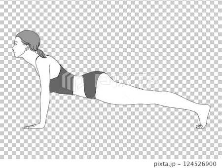 Illustration of a Japanese woman doing yoga plank pose, full body, side view, profile, monochrome Illustration of a Japanese woman doing yoga plank pose, full body, side view, profile, monochrome 124526900