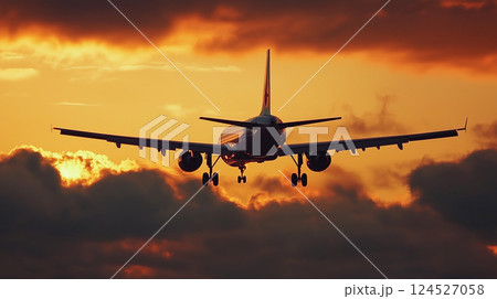 夕焼けの空を背景に飛行機が離陸・着陸する空港の風景空を飛ぶ旅客機 124527058