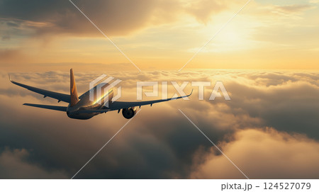 夕焼けの空を背景に飛行機が離陸・着陸する空港の風景空を飛ぶ旅客機 124527079