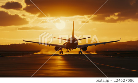 夕焼けの空を背景に飛行機が離陸・着陸する空港の風景空を飛ぶ旅客機 124527086