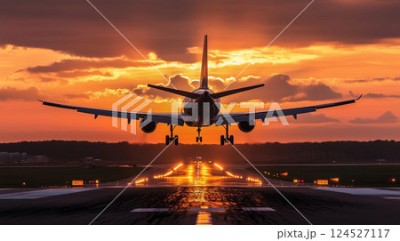 夕焼けの空を背景に飛行機が離陸・着陸する空港の風景空を飛ぶ旅客機 夕焼けの空を背景に飛行機が離陸・着陸する空港の風景空を飛ぶ旅客機 124527117