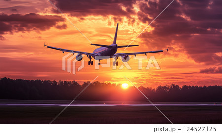 夕焼けの空を背景に飛行機が離陸・着陸する空港の風景空を飛ぶ旅客機 夕焼けの空を背景に飛行機が離陸・着陸する空港の風景空を飛ぶ旅客機 124527125