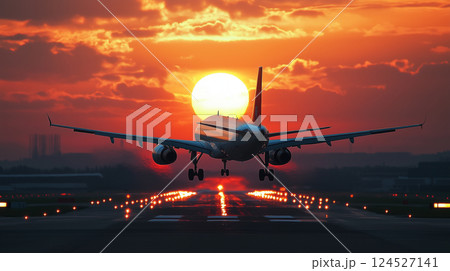 夕焼けの空を背景に飛行機が離陸・着陸する空港の風景空を飛ぶ旅客機 夕焼けの空を背景に飛行機が離陸・着陸する空港の風景空を飛ぶ旅客機 124527141