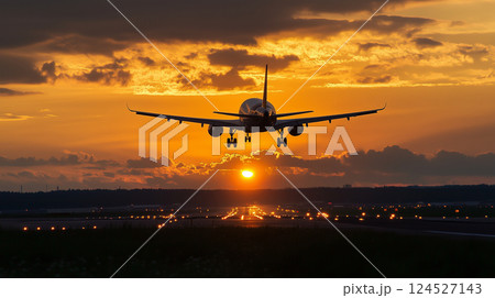 夕焼けの空を背景に飛行機が離陸・着陸する空港の風景空を飛ぶ旅客機 夕焼けの空を背景に飛行機が離陸・着陸する空港の風景空を飛ぶ旅客機 124527143