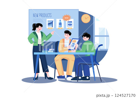 Marketing team setting up product advertisement 124527170