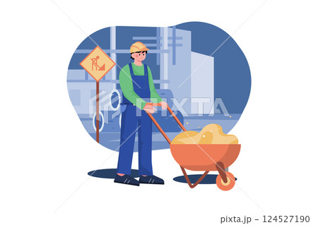 Construction worker pushing a sand trolley 124527190