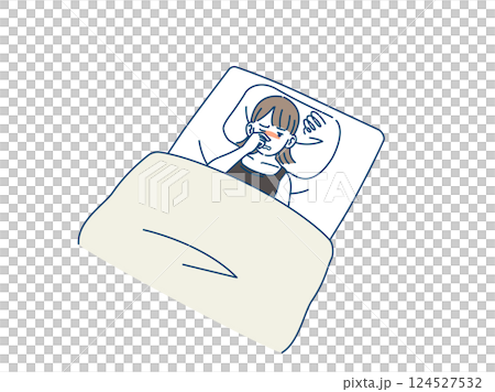 鼻詰まりで眠れず困る若い女性のイラスト 124527532