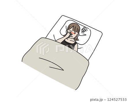 鼻詰まりで眠れず困る若い女性のイラスト 鼻詰まりで眠れず困る若い女性のイラスト 124527533