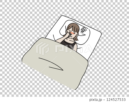 鼻詰まりで眠れず困る若い女性のイラスト 鼻詰まりで眠れず困る若い女性のイラスト 124527533