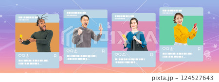 SNS画面から多国籍の人々とネットワークイメージ 124527643