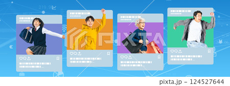 SNS画面から飛び出す様々な人々とネットワークイメージ SNS画面から飛び出す様々な人々とネットワークイメージ 124527644