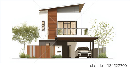 モダンな二階建て住宅の外観イラスト 124527700