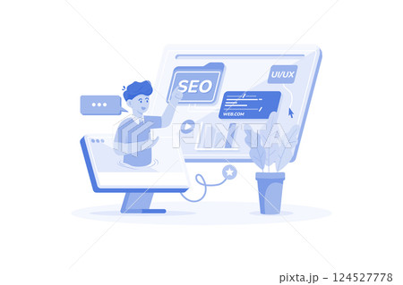 Digital marketer crafting SEO strategy for new website. 124527778