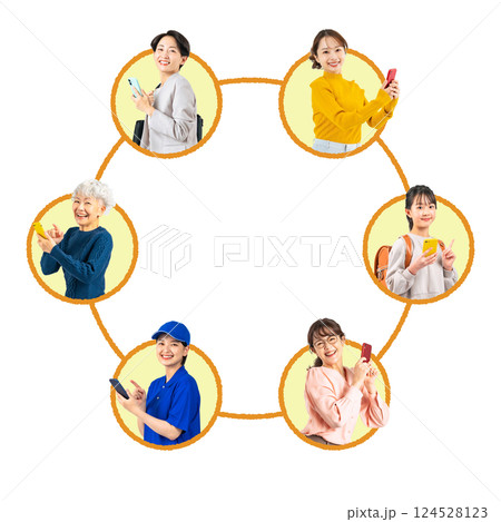 実写アイコンを使ったスマホを使う幅広い世代の女性のネットワーク図　切り抜き背景透過PNG 124528123