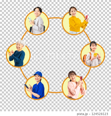 実写アイコンを使ったスマホを使う幅広い世代の女性のネットワーク図　切り抜き背景透過PNG 124528123