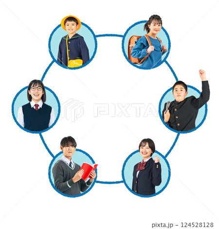 実写アイコンを使った様々な世代の学生のネットワーク図　切り抜き背景透過PNG 124528128