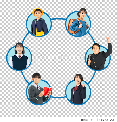 実写アイコンを使った様々な世代の学生のネットワーク図　切り抜き背景透過PNG 124528128