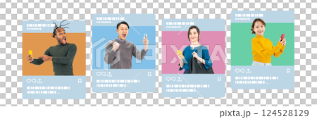 SNS画面から多国籍の人々　切り抜き背景透過PNG 124528129