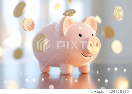 貯金の象徴。ピンクの貯金箱に降り注ぐコイン 124528180