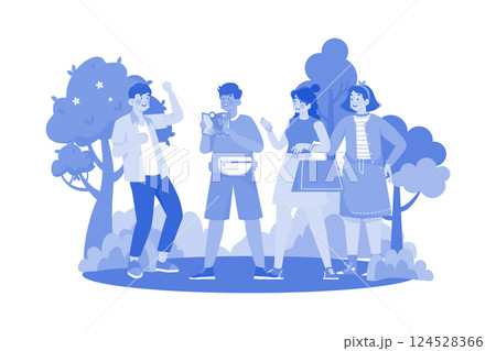 A family hikes in the mountains in the morning. 124528366