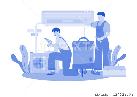 A family hikes in the mountains in the morning. 124528378