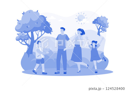 A family hikes in the mountains in the morning. 124528400