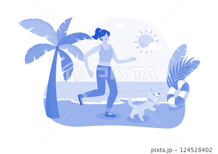 A family hikes in the mountains in the morning. 124528402