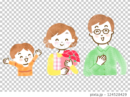 Upper body illustration of a smiling mother and her family holding carnations 124528429