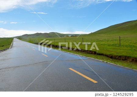 Photo of a road in a valley of alpine grasslands Photo of a road in a valley of alpine grasslands 124529295