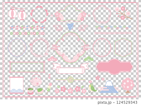 春の和風フレームイラストセット。桜、花見、鳥、あしらい 124529343