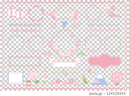 春季日式框架插圖集。櫻花、賞花、鳥類、裝飾 124529345