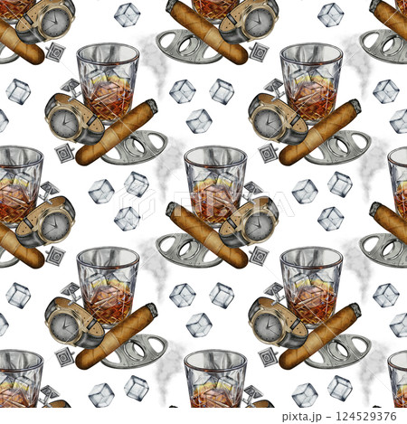 Seamless Pattern with Whiskey, Cigar, and Accessories 124529376