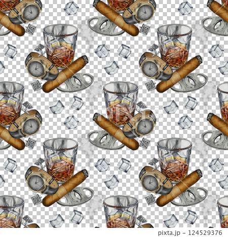Seamless Pattern with Whiskey, Cigar, and Accessories 124529376