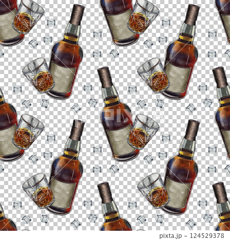 Seamless pattern with whiskey bottle, glass, and ice cubes 124529378