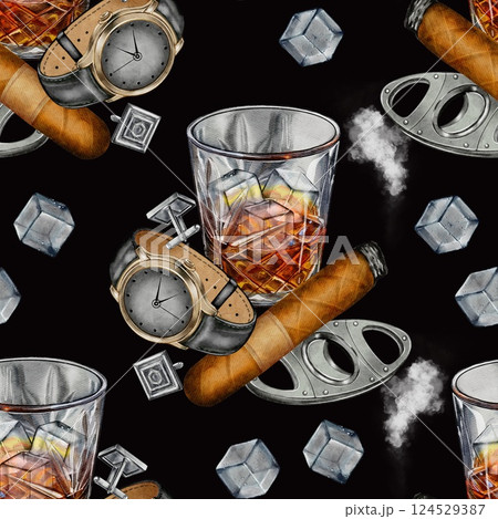Watercolor Seamless Pattern with Lighters, Cigars, and Cutters Watercolor Seamless Pattern with Lighters, Cigars, and Cutters 124529387