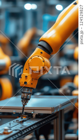robotic arm assembling components on conveyor in modern factory setting 124529827