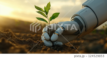 robotic hand planting small tree in soil during golden sunset, symbolizing eco technology 124529853