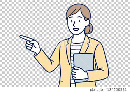 プレゼン中に指をさして説明する女性ビジネスパーソンのイラスト｜提案・案内・説明の場面 124530381