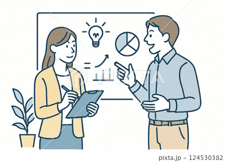 プレゼン資料を見ながら話し合う男女ビジネスパーソンのイラスト|会議・打ち合わせ・ブレストのシーン プレゼン資料を見ながら話し合う男女ビジネスパーソンのイラスト|会議・打ち合わせ・ブレストのシーン 124530382