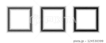 Black halftone square frame set. Dotted gradient border collection. Vector rasterized frame element bundle. Pop art comic picture holders for banner template, copy space, collage, emblem, poster, box 124530399