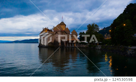 Swiss island castle of Chillon on shore of Lake Leman 124530598