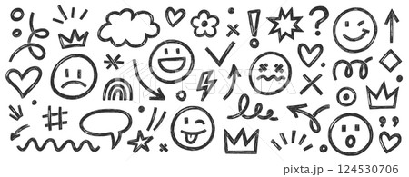 Smile brush hand drawn vector element set. Emoji fun face, heart, crown symbol crayon texture marker background kid sketch style hand drawn element. Color smiley face, arrow. Vector Smile brush hand drawn vector element set. Emoji fun face, heart, crown symbol crayon texture marker background kid sketch style hand drawn element. Color smiley face, arrow. Vector 124530706