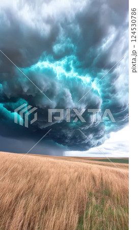dramatic storm cloud looms over golden field, creating striking contrast 124530786
