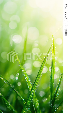 Dewdrops on grass blades in foggy spring morning create serene scene Dewdrops on grass blades in foggy spring morning create serene scene 124530803