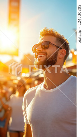 man in sunglasses smiles at sunny outdoor festival man in sunglasses smiles at sunny outdoor festival 124530805
