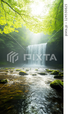 hidden waterfall cascades in lush rainforest, surrounded by vibrant green foliage 124530825