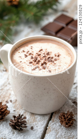 Creamy hot chocolate in speckled mug with chocolate shavings. Cozy winter setting 124530829