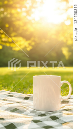 coffee cup on picnic blanket in sunny park setting 124530856